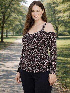 Lane Bryant Black Floral Cold-Shoulder Long Sleeve Top